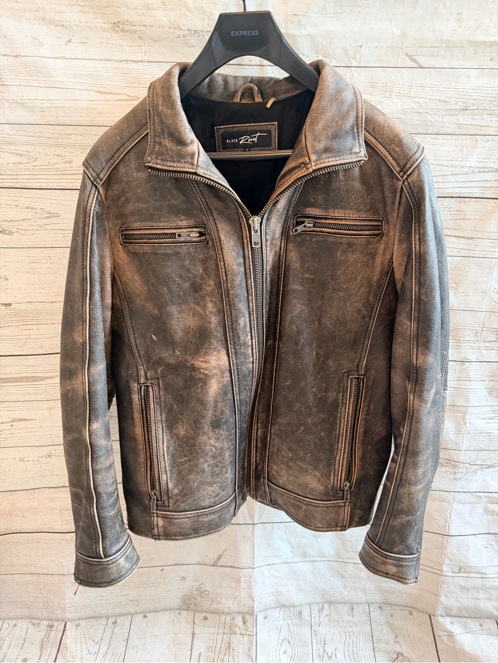 Black Rivet Men's Distressed Brown Leather Bomber Jacket